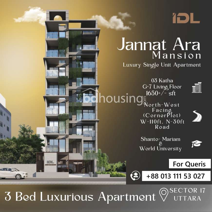 IDL Jannat Ara Mansion- 3 bed 1715 sft corner flat at Uttara 17 opposite BGMEA, Apartment/Flats at Uttara