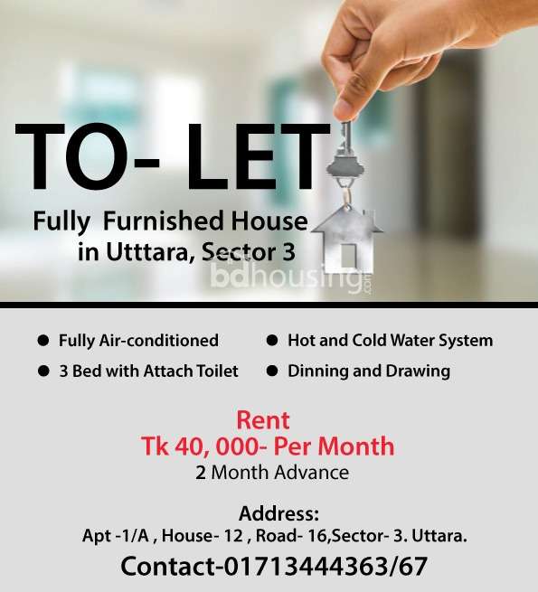 Fully Furnished house for rent, Apartment/Flats at Uttara